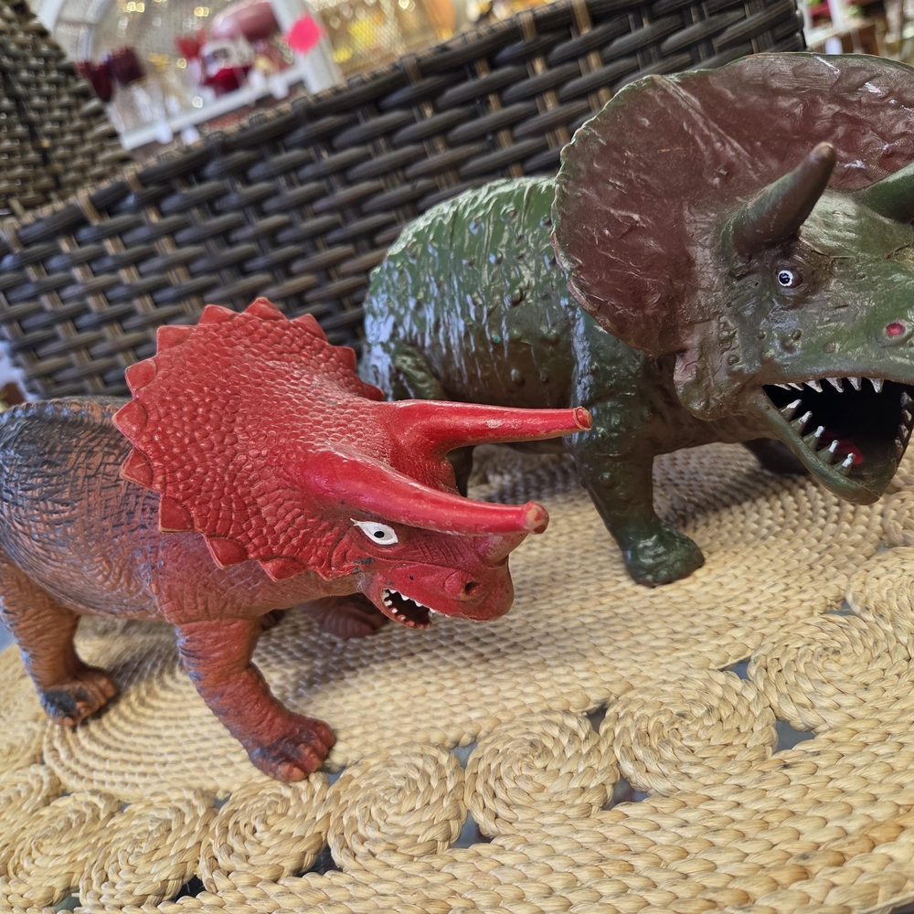 VIntage Rubber Dinosaur Toy Set - Red and Green Triceratops